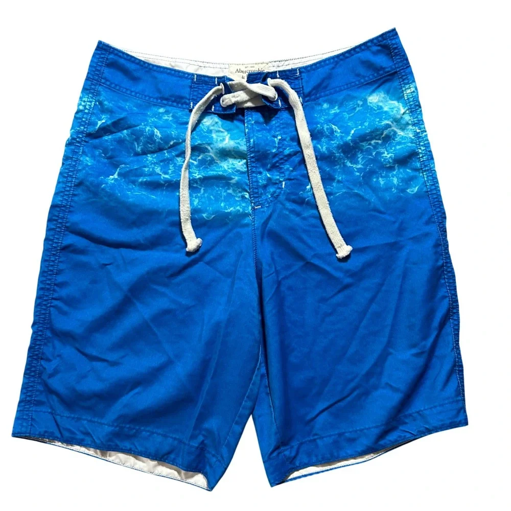Abercrombie & Fitch Board Shorts Men M Blue Ocean Wave Print Surf Swim Trunks - Picture 1 of 8